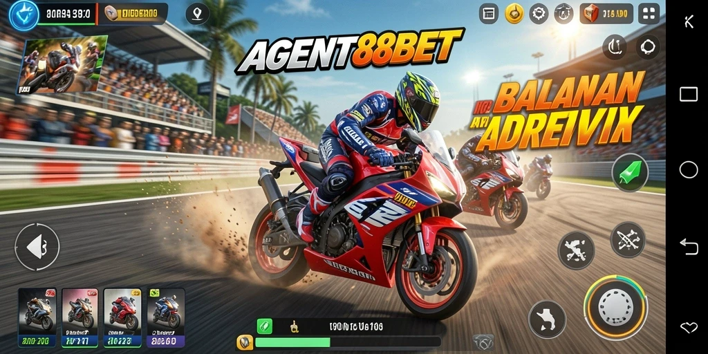 Screenshot AGENT88BET menampilkan aksi balapan motor yang seru.