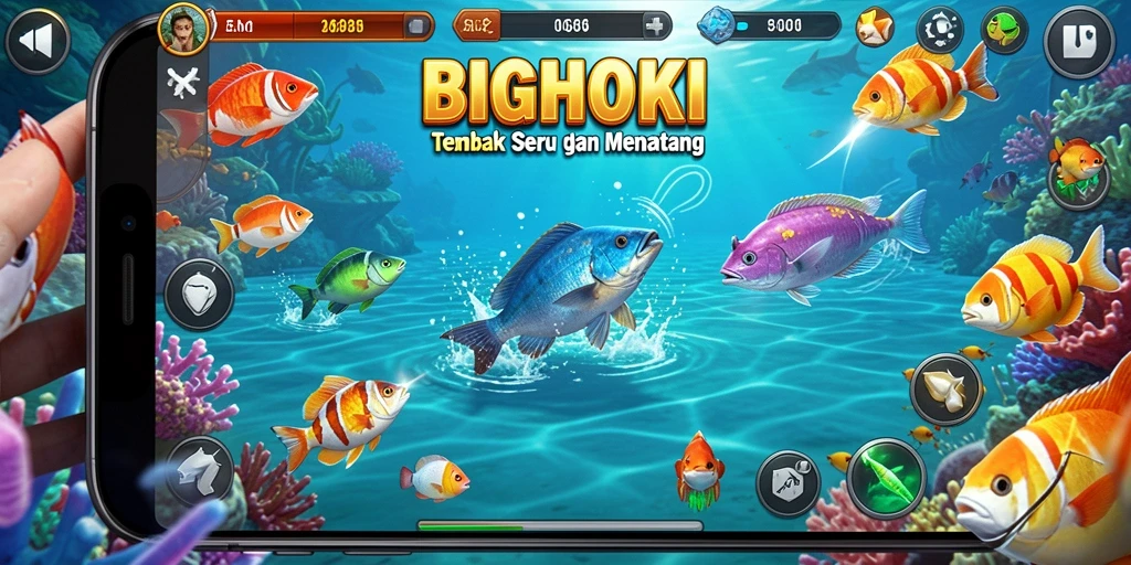Tangkapan layar utama BIGHOKI yang menunjukkan aksi menembak ikan yang seru.