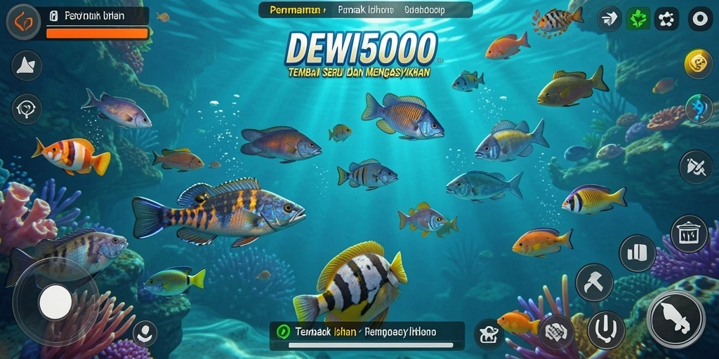 Tampilan gameplay seru DEWI5000 dengan berbagai ikan yang menarik.