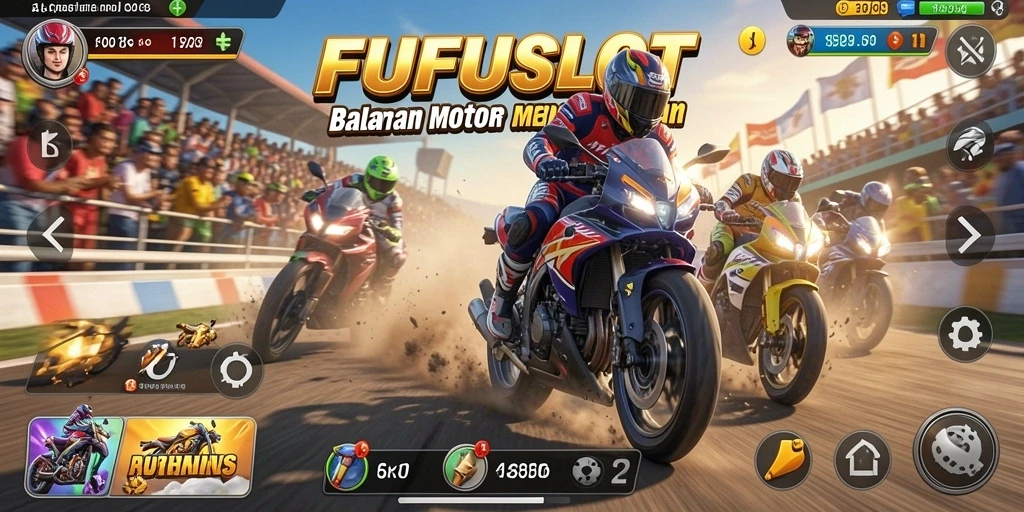 Tampilan gameplay mendebarkan di FUFUSLOT saat balapan motor.