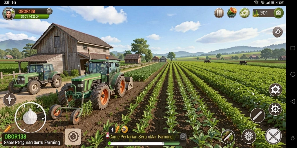 Tampilan gameplay <strong>OBOR138</strong> dengan suasana pertanian yang penuh warna.