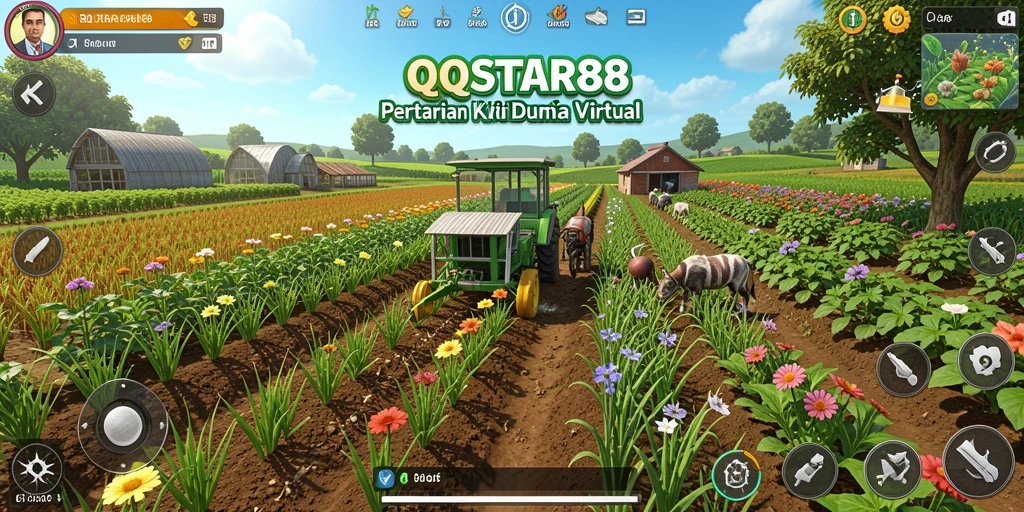 Gameplay QQSTAR88 dengan ladang subur dan hewan ternak.