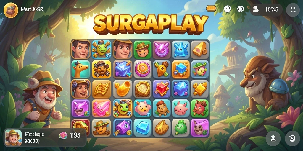 Screenshot gameplay SURGAPLAY dengan warna-warni cerah dan tantangan menarik.