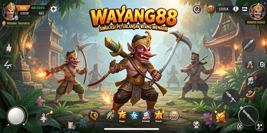 Screenshot utama WAYANG88 menampilkan karakter wayang yang beraksi dalam simulasi.