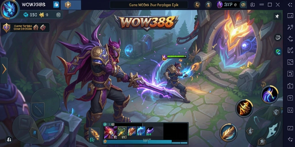 Tangkapan layar gameplay WOW388 menampilkan pertempuran seru antar tim MOBA.