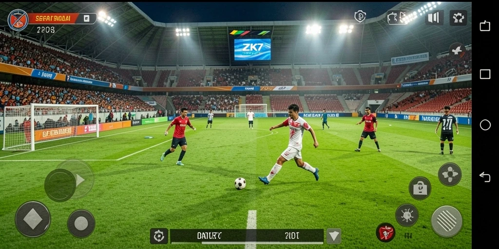 Gameplay ZK7 menampilkan aksi pertandingan sepak bola yang seru.